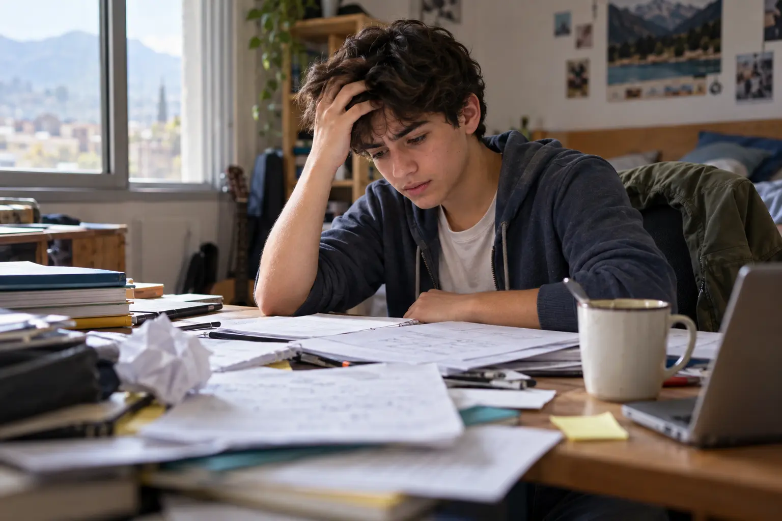 Joven preocupado frente a papeles de examen desordenados