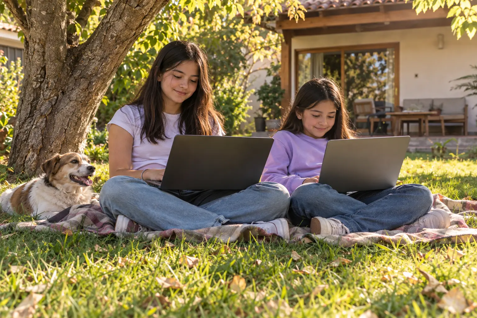Dos hermanas sentadas en el pasto bajo un árbol, cada una mirando OpenClases en su notebook